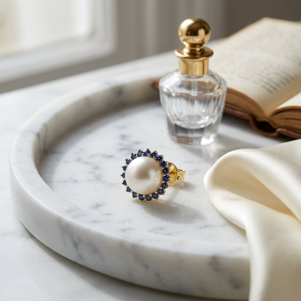 Cultured Pearl & Sapphire Halo Stud Earrings in 14K Yellow Gold - editorial hero
