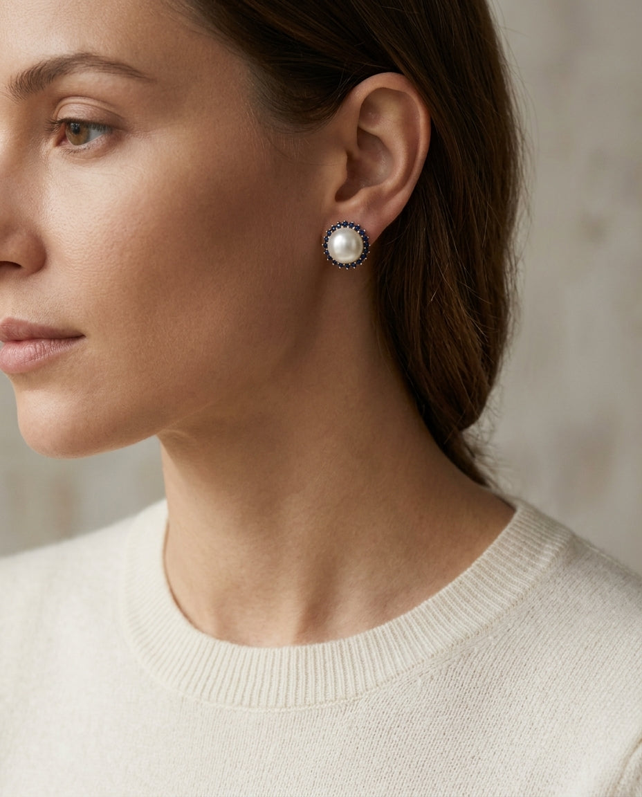 Cultured Pearl & Sapphire Halo Stud Earrings in 14K Yellow Gold - lifestyle