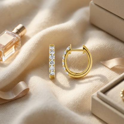 Diamond 3/4ctw Hoop Earring Set in 14k Yellow Gold — textile flat lay