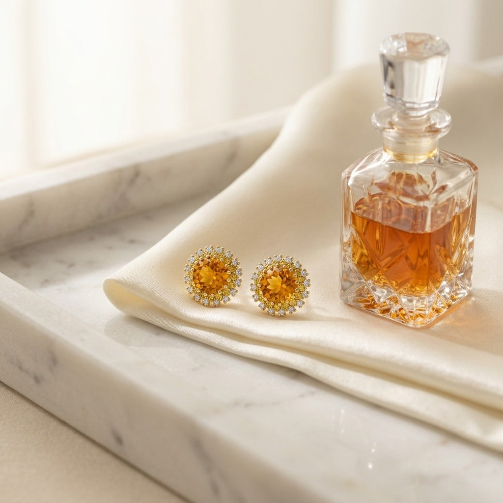 Citrine Yellow Sapphire and Diamond Burst Circle Earrings in 14k Yellow Gold 1/5ctw — marble silk