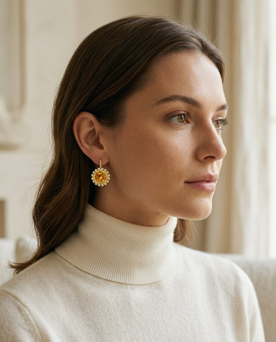 Citrine Yellow Sapphire and Diamond Burst Circle Earrings in 14k Yellow Gold 1/5ctw — portrait close