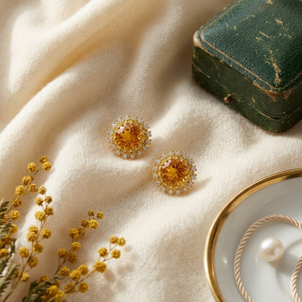 Citrine Yellow Sapphire and Diamond Burst Circle Earrings in 14k Yellow Gold 1/5ctw — textile flat lay