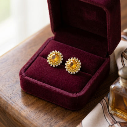 Citrine Yellow Sapphire and Diamond Burst Circle Earrings in 14k Yellow Gold 1/5ctw — velvet box