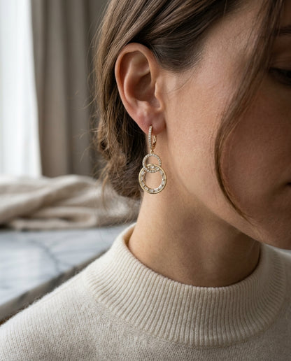 Diamond Baguette & Round Interlocking Circles Dangle Earrings 9/10ctw in 14K Yellow Gold - editorial hero