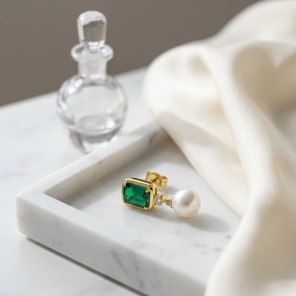 Freshwater Pearl Created Emerald & Diamond Earring in 14K Yellow Gold - editorial hero