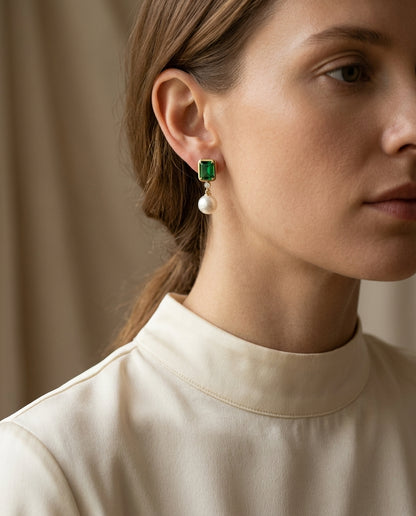 Freshwater Pearl Created Emerald & Diamond Earring in 14K Yellow Gold - lifestyle