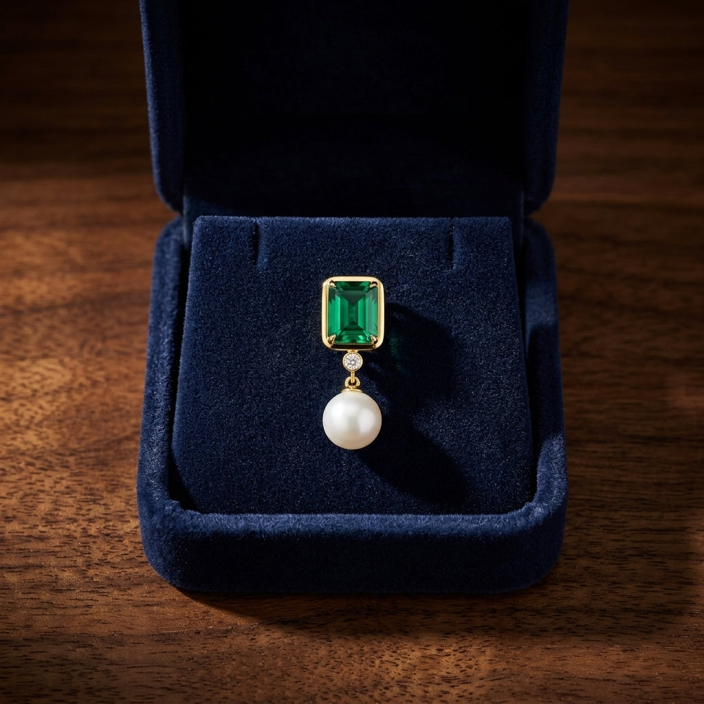 Freshwater Pearl Created Emerald & Diamond Earring in 14K Yellow Gold - presentation