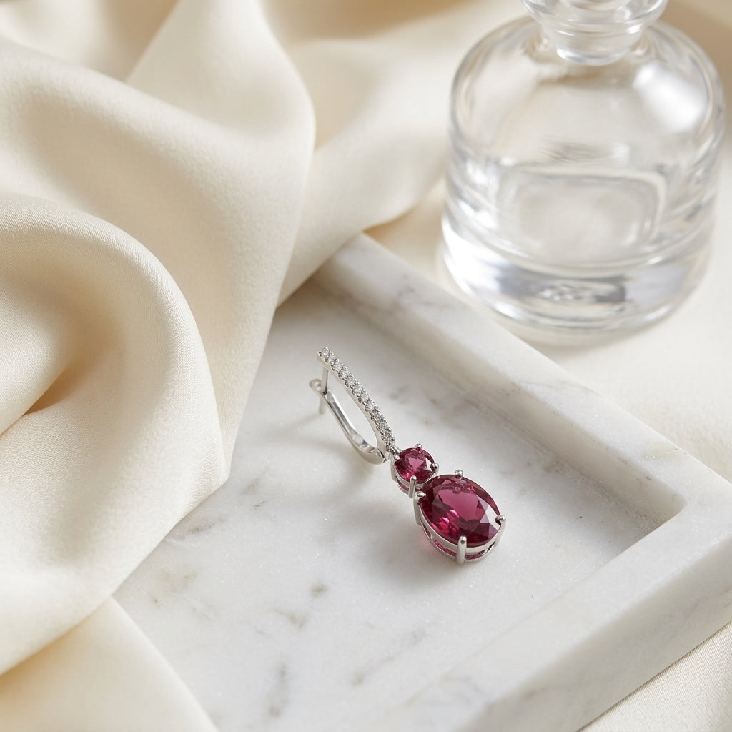 Rhodolite Garnet & Diamond Dangle Earrings 1/8ctw in 14K Yellow Gold - lifestyle