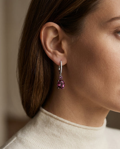 Rhodolite Garnet & Diamond Dangle Earrings 1/8ctw in 14K Yellow Gold - editorial hero