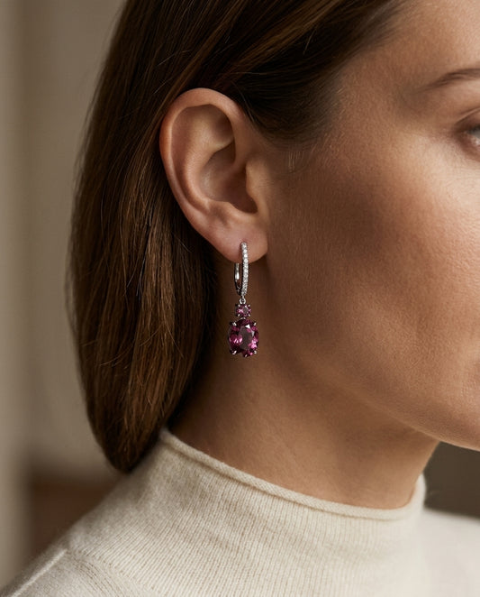 Rhodolite Garnet & Diamond Dangle Earrings 1/8ctw in 14K Yellow Gold - editorial hero