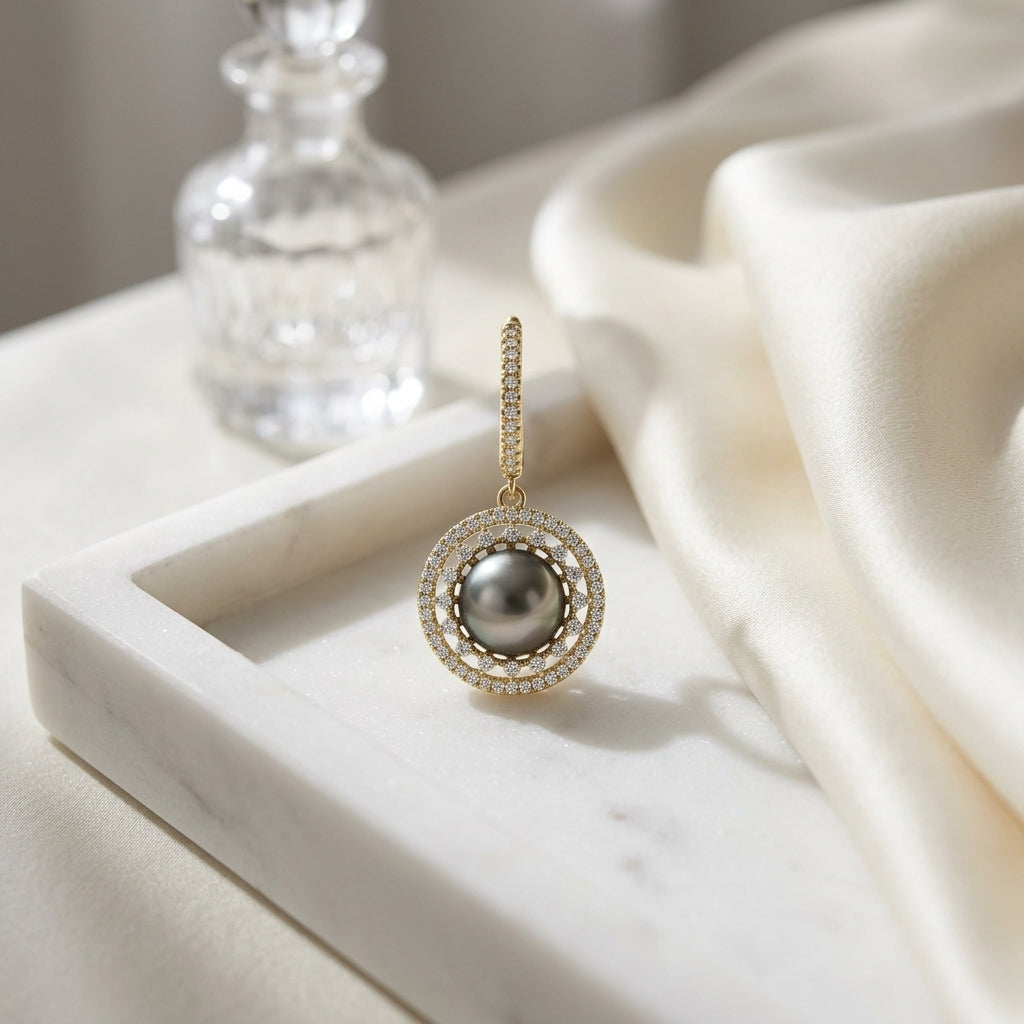 Tahitian Pearl & Diamond Dangle Halo Earrings 5/8ctw in 14K Yellow Gold - lifestyle