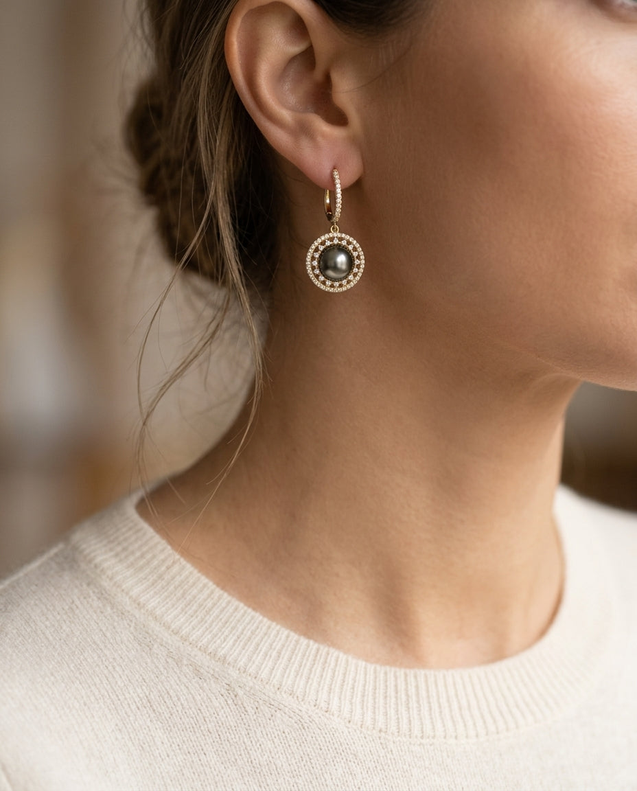 Tahitian Pearl & Diamond Dangle Halo Earrings 5/8ctw in 14K Yellow Gold - editorial hero