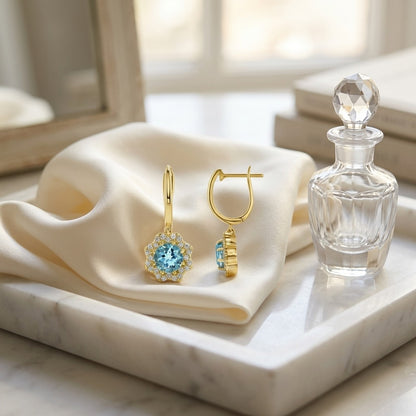 Blue Topaz and Diamond Round Brilliant Earrings in 14k Yellow Gold — marble silk