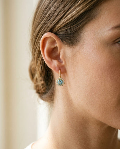 Blue Topaz and Diamond Round Brilliant Earrings in 14k Yellow Gold — portrait close