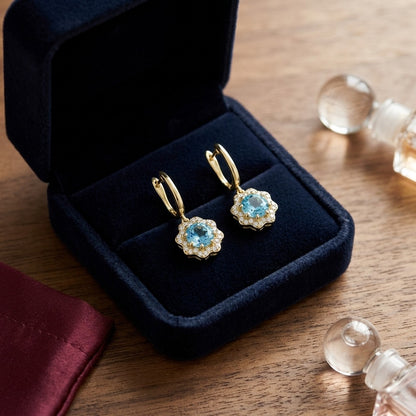 Blue Topaz and Diamond Round Brilliant Earrings in 14k Yellow Gold — velvet box