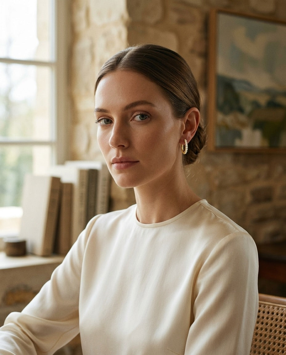 Diamond Oval Hoop Huggie Earrings in 14k Yellow Gold 1/4ctw — portrait full