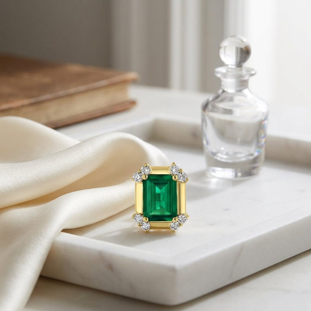 Created Emerald & Diamond Corner Earrings 1/4ctw in 14K Yellow Gold - editorial hero