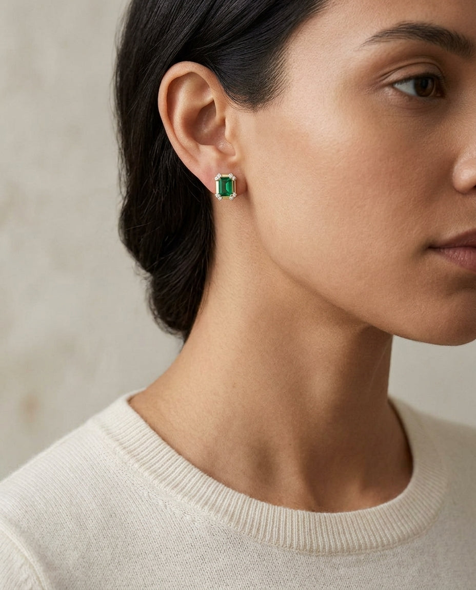 Created Emerald & Diamond Corner Earrings 1/4ctw in 14K Yellow Gold - lifestyle