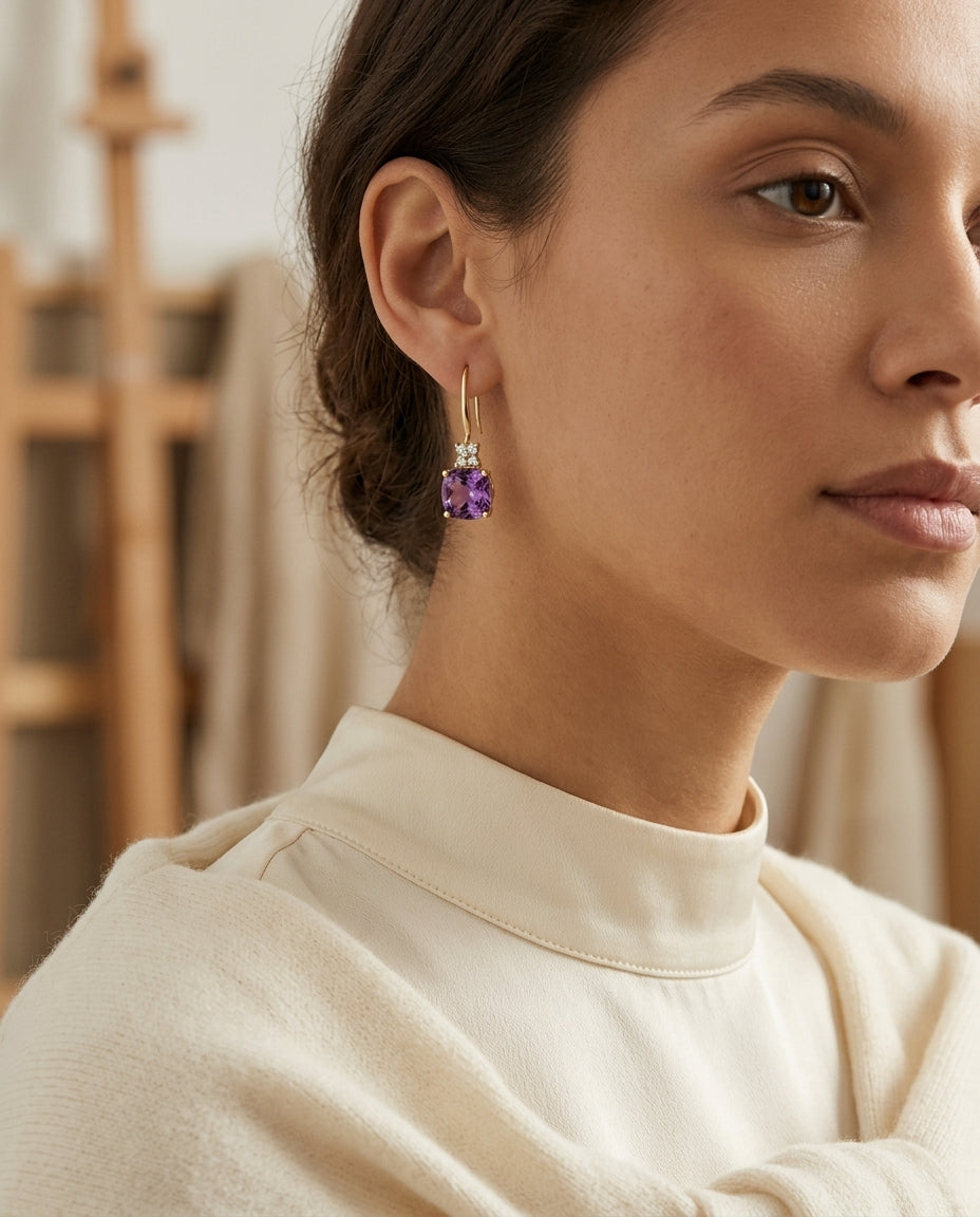 Cushion Amethyst and Diamond Leverback Earrings in 14k Yellow Gold 1/6ctw — editorial close-up