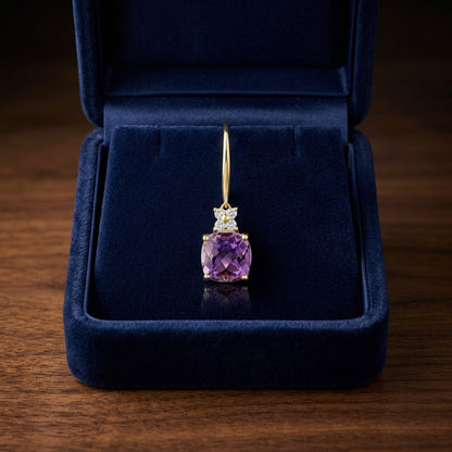 Cushion Amethyst and Diamond Leverback Earrings in 14k Yellow Gold 1/6ctw — gift presentation