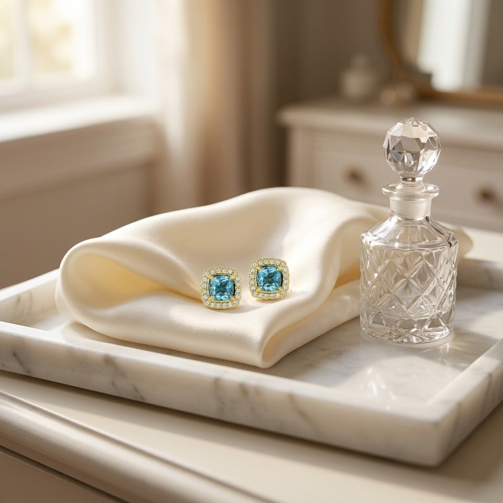 Swiss Blue Topaz Framed in 14k Yellow Gold and Diamond 1/5ctw Earring — marble silk