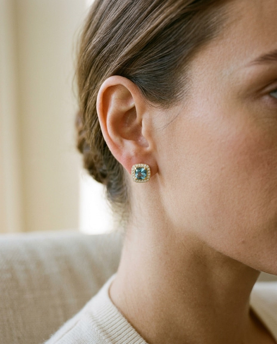 Swiss Blue Topaz Framed in 14k Yellow Gold and Diamond 1/5ctw Earring — portrait close