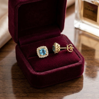Swiss Blue Topaz Framed in 14k Yellow Gold and Diamond 1/5ctw Earring — velvet box