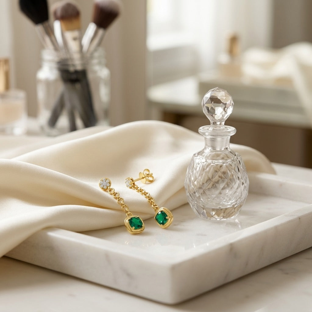 14k Yellow Gold Created Emerald 1.10ctw and Diamond 1/5ctw Chain Drop Earring — marble silk