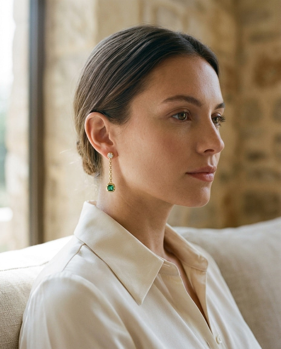 14k Yellow Gold Created Emerald 1.10ctw and Diamond 1/5ctw Chain Drop Earring — portrait close