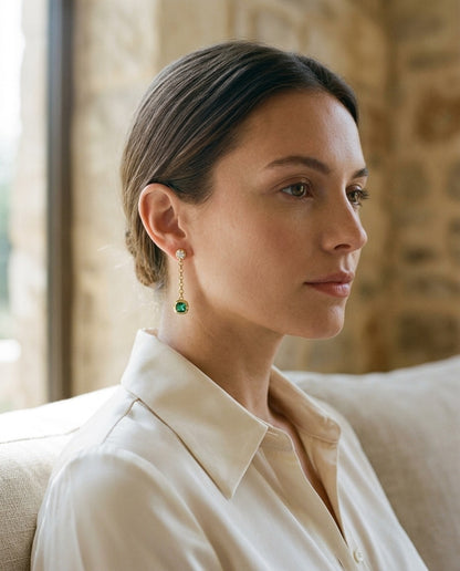 14k Yellow Gold Created Emerald 1.10ctw and Diamond 1/5ctw Chain Drop Earring — portrait close