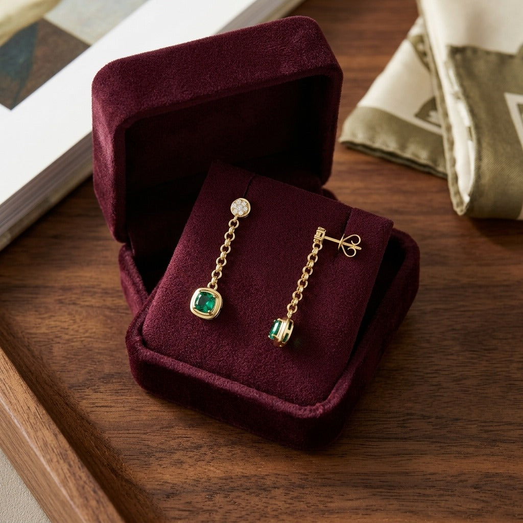 14k Yellow Gold Created Emerald 1.10ctw and Diamond 1/5ctw Chain Drop Earring — velvet box