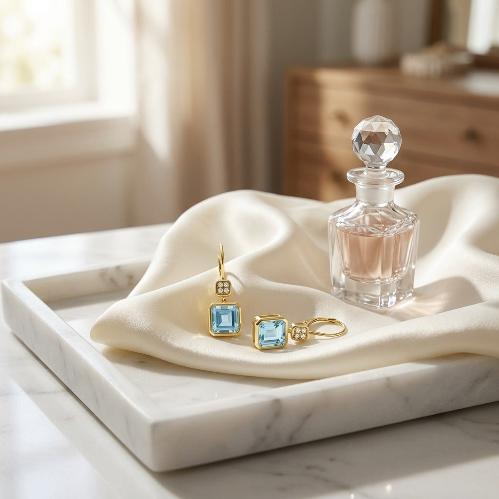 Swiss Blue Topaz Bezel Earrings in 14k Yellow Gold 0.08ctw — marble silk