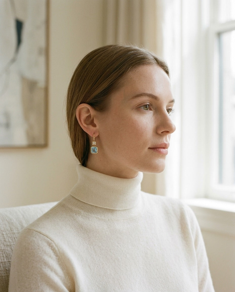 Swiss Blue Topaz Bezel Earrings in 14k Yellow Gold 0.08ctw — portrait close