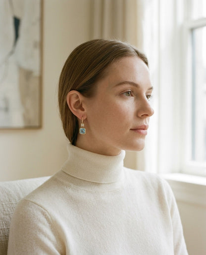 Swiss Blue Topaz Bezel Earrings in 14k Yellow Gold 0.08ctw — portrait close