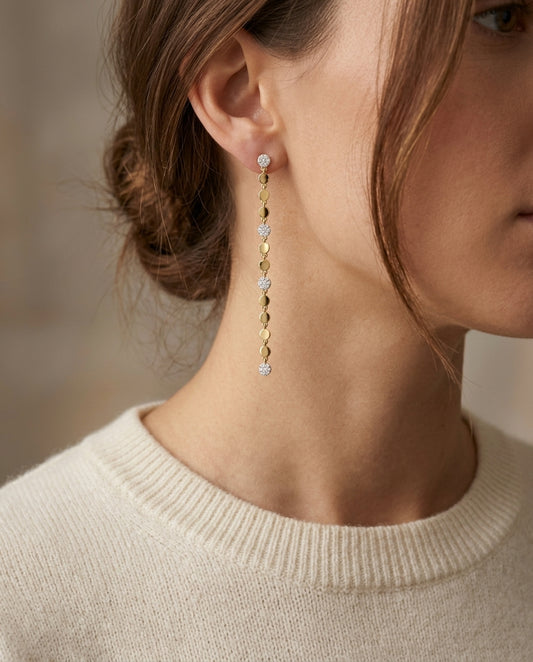 Diamond Linear Drop Earrings in 14k Yellow Gold 1/8ctw — editorial close-up