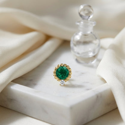 Lab Created Emerald and Diamond Ripple Edge Halo Stud Earrings in 14k Yellow Gold 1/5ctw — atelier still life
