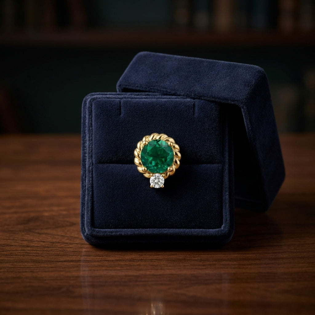 Lab Created Emerald and Diamond Ripple Edge Halo Stud Earrings in 14k Yellow Gold 1/5ctw — gift presentation
