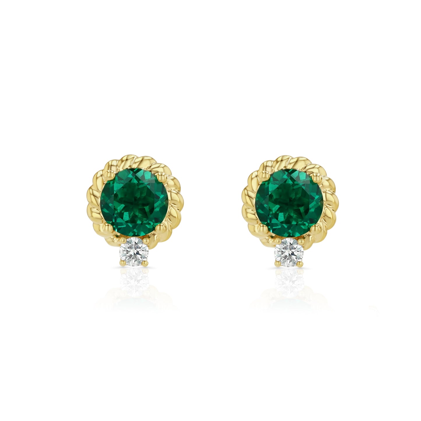 Lab Created Emerald and Diamond Ripple Edge Halo Stud Earrings in 14k Yellow Gold 1/5ctw