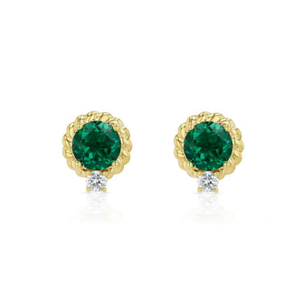 Lab Created Emerald and Diamond Ripple Edge Halo Stud Earrings in 14k Yellow Gold 1/5ctw