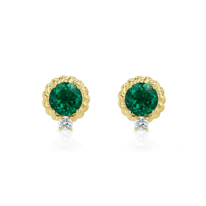 Lab Created Emerald and Diamond Ripple Edge Halo Stud Earrings in 14k Yellow Gold 1/5ctw