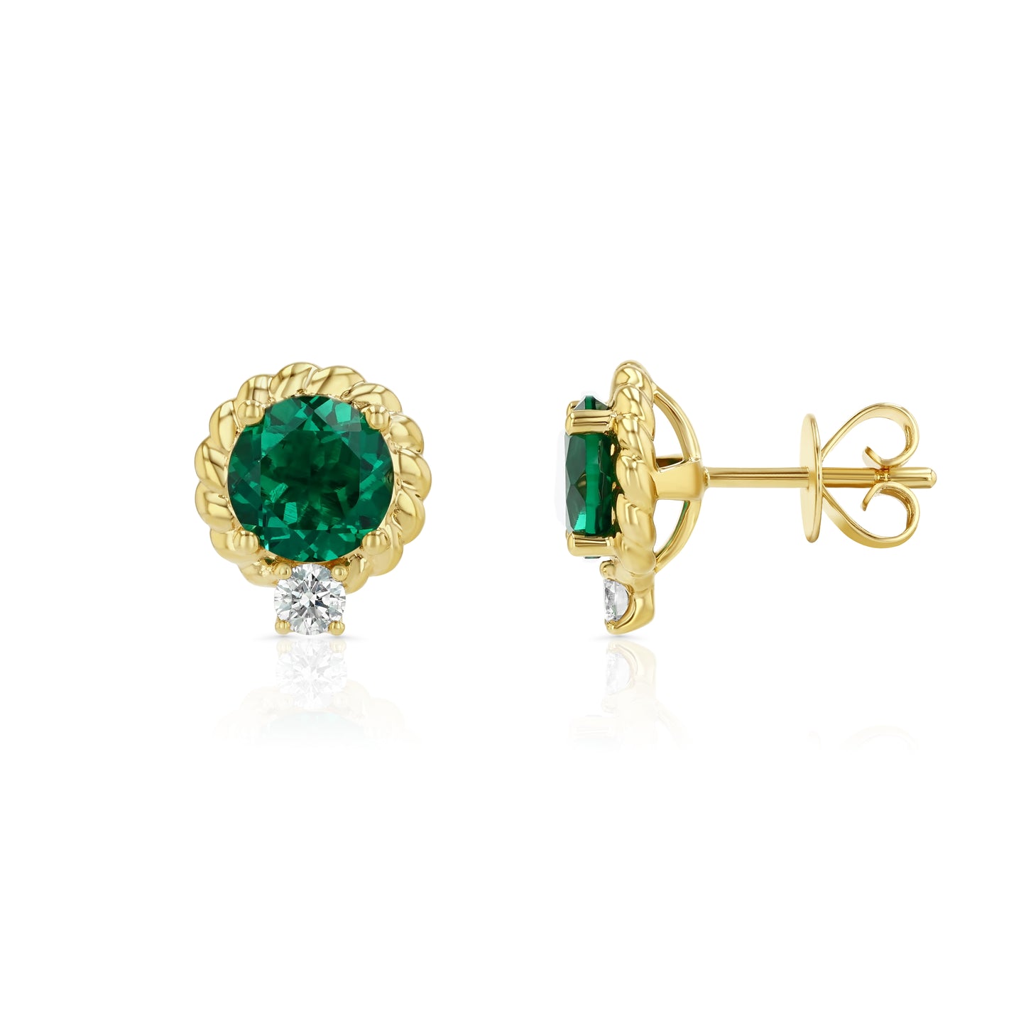Lab Created Emerald and Diamond Ripple Edge Halo Stud Earrings in 14k Yellow Gold 1/5ctw