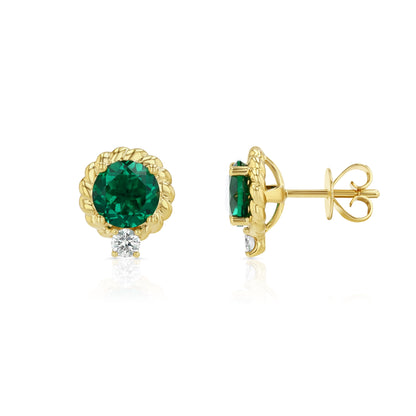 Lab Created Emerald and Diamond Ripple Edge Halo Stud Earrings in 14k Yellow Gold 1/5ctw