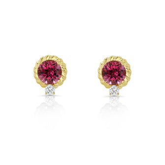 Rhodolite Garnet and Diamond Ripple Edge Halo Stud Earrings in 14k Yellow Gold 1/5ctw