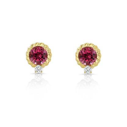 Rhodolite Garnet and Diamond Ripple Edge Halo Stud Earrings in 14k Yellow Gold 1/5ctw