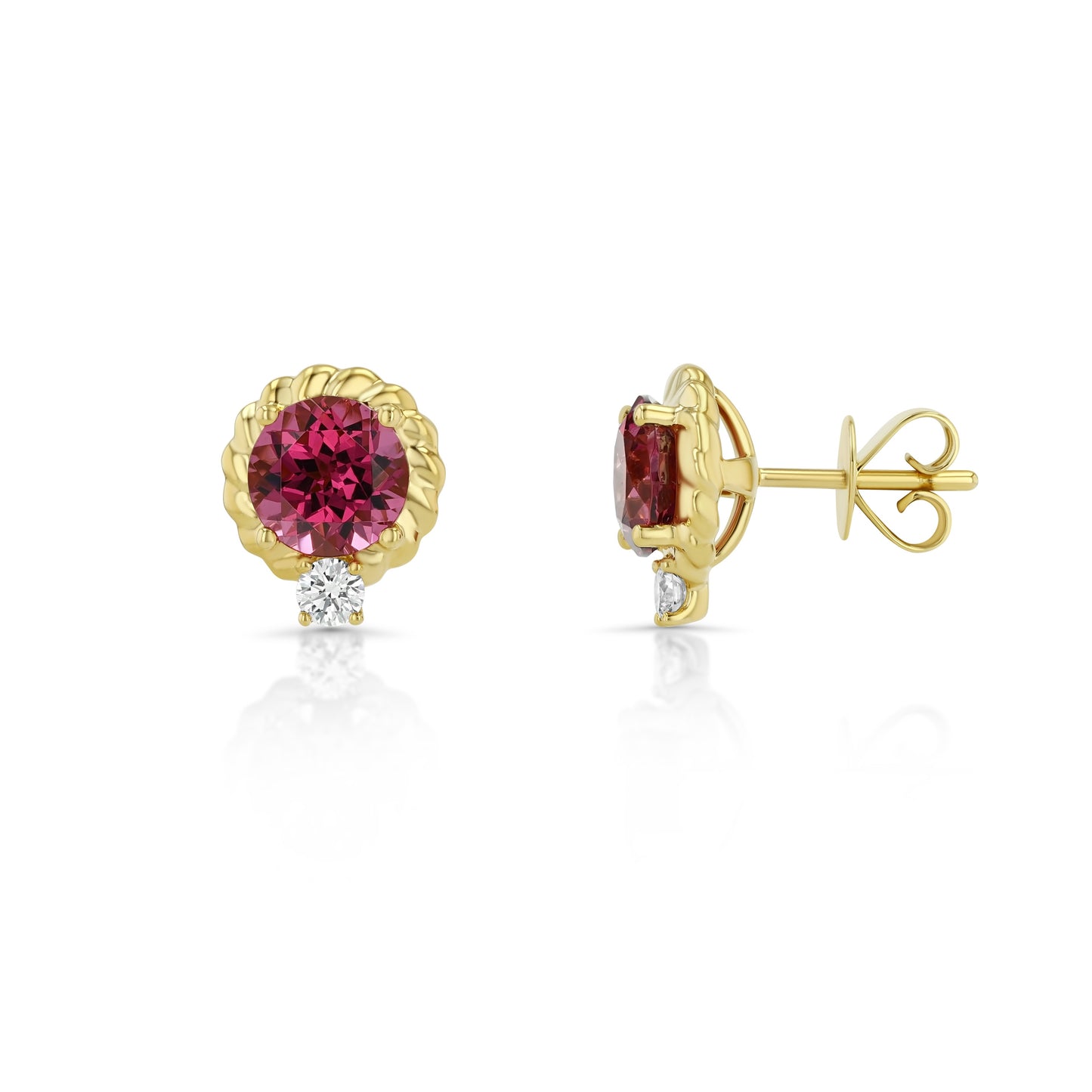 Rhodolite Garnet and Diamond Ripple Edge Halo Stud Earrings in 14k Yellow Gold 1/5ctw