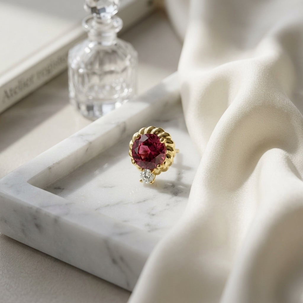 Rhodolite Garnet and Diamond Ripple Edge Halo Stud Earrings in 14k Yellow Gold 1/5ctw — atelier still life