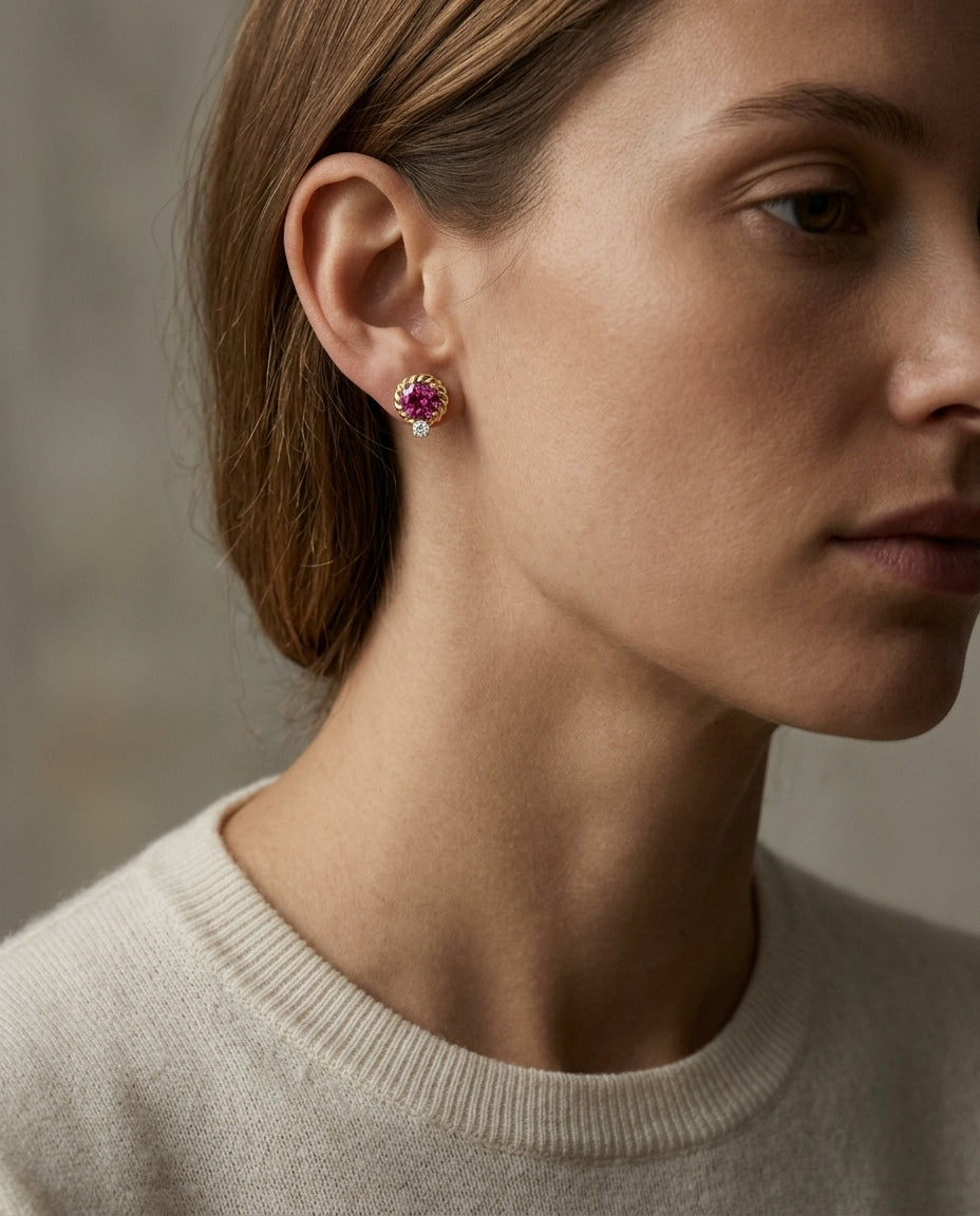 Rhodolite Garnet and Diamond Ripple Edge Halo Stud Earrings in 14k Yellow Gold 1/5ctw — editorial close-up