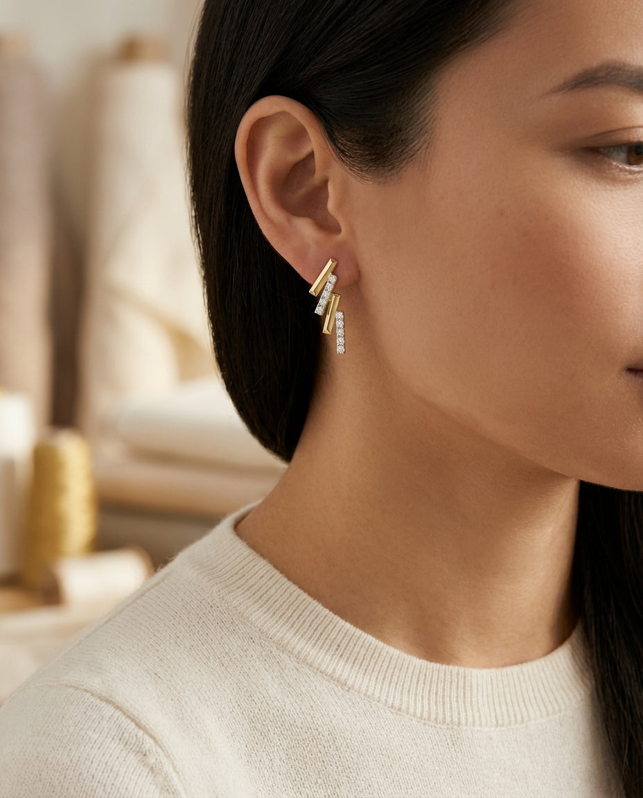 Stacked Bar Diamond Earrings in 14k Yellow Gold 1/5ctw — editorial close-up