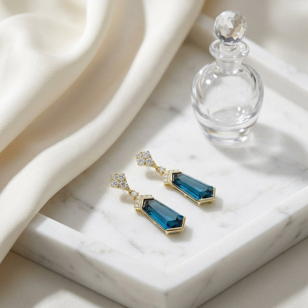 London Blue Topaz and Diamond Shield Drop Earrings in 14k Yellow Gold 1/4ctw — atelier still life