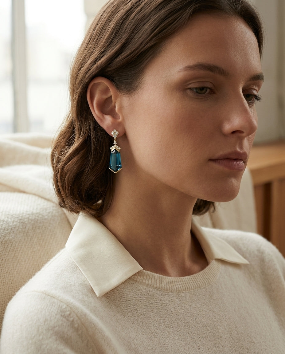 London Blue Topaz and Diamond Shield Drop Earrings in 14k Yellow Gold 1/4ctw — editorial close-up